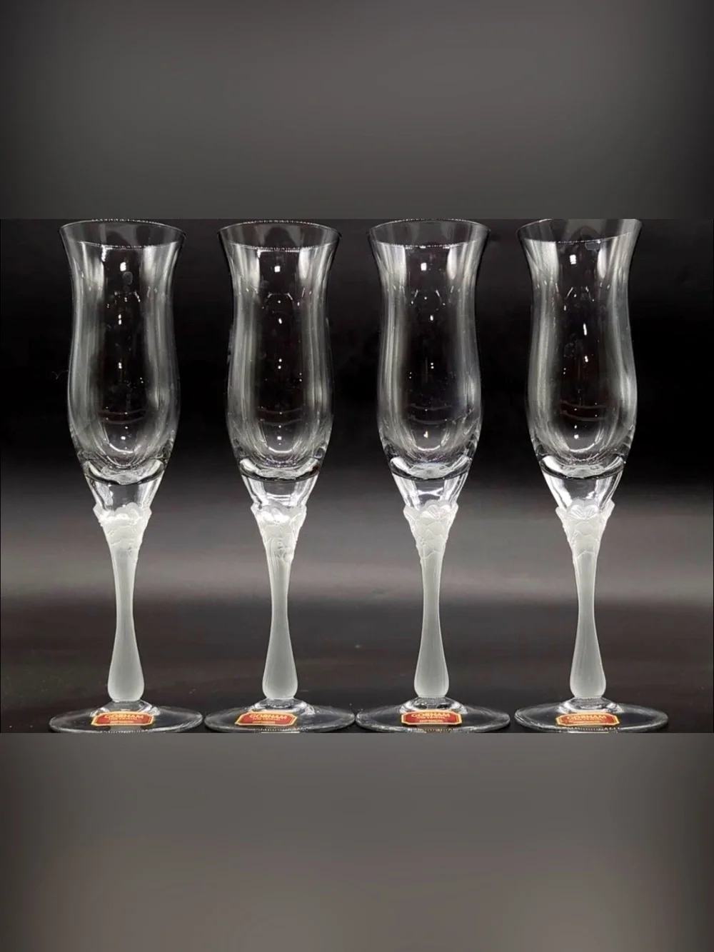 Set Of 4 Elegant Gorham Crystal Champagne Flutes Featuring Frosted Floral Design